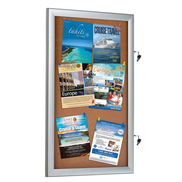 Locking Cork Board with Aluminum Frame displaying travel promotions