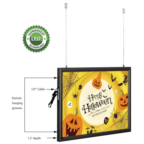 The hanging Black Double Sided LED Light Snap Poster Frame with graphics pointing out each feature