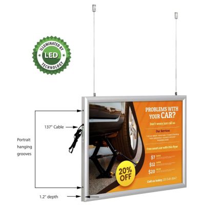 The hanging Double Sided LED Light Snap Poster Frame with graphics pointing out each feature